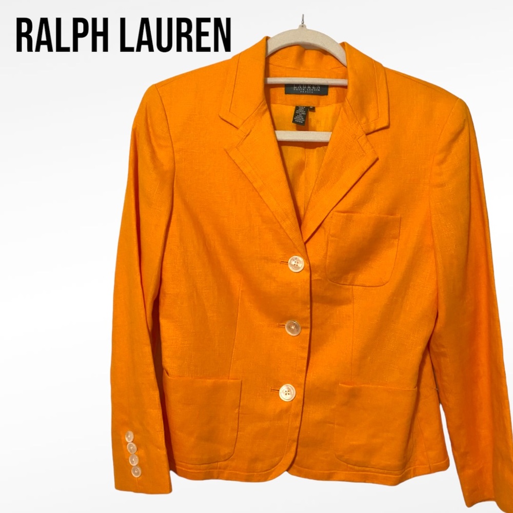 LAUREN RALPH LAUREN PETITE 100% Linen Classic Lined Blazer ORANGE Size 8P EUC